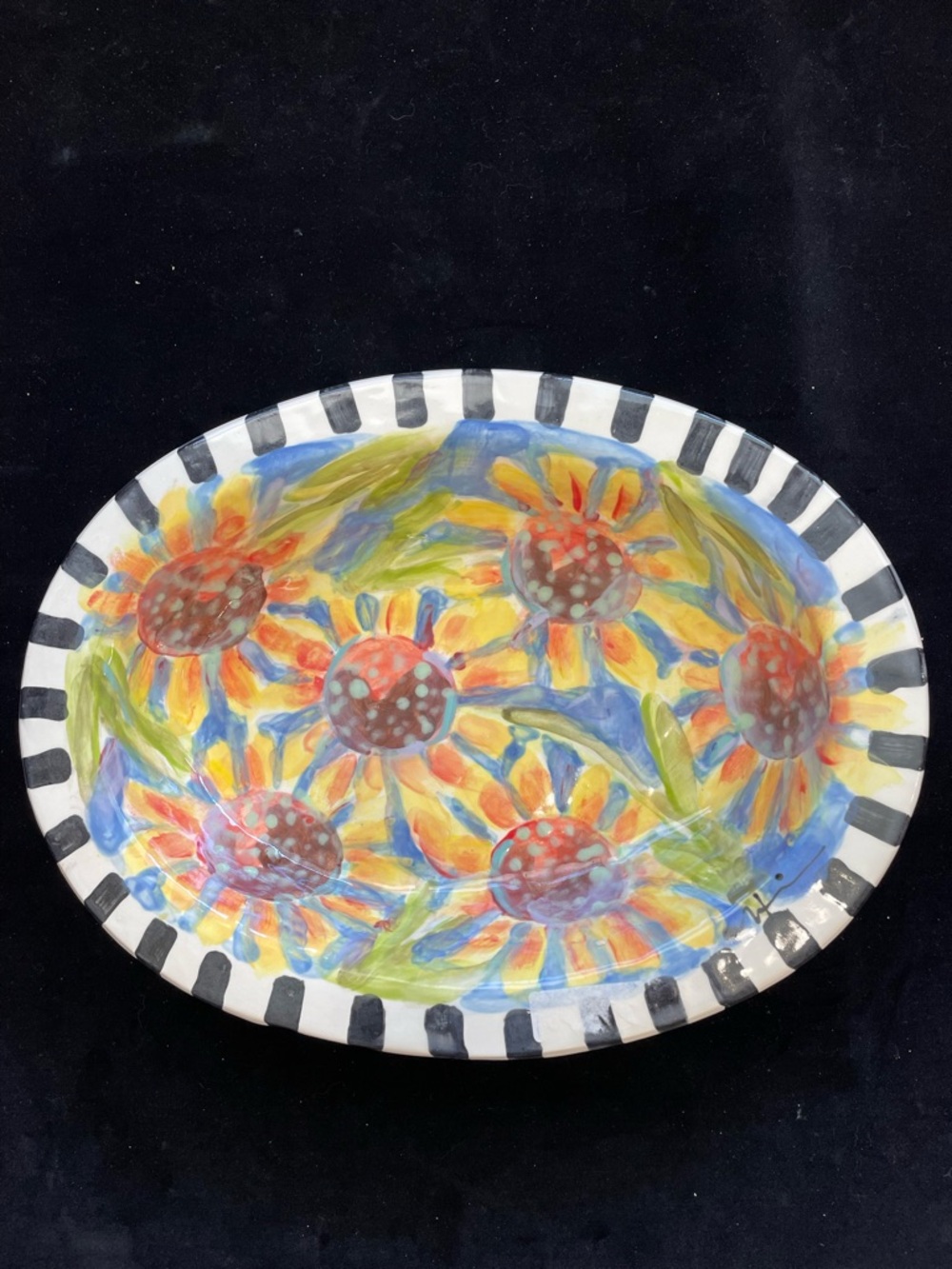 Handmade Ceramic  Open Casserole Sunflowers On Blue 14”x11”x3”Original